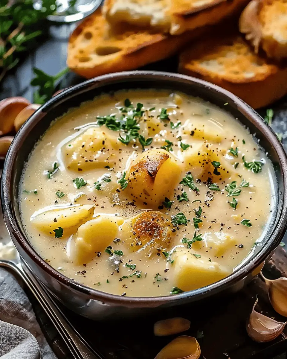 Hearty Cheddar Garlic Herb Potato Soup Recipe with Turkey Bacon Delight