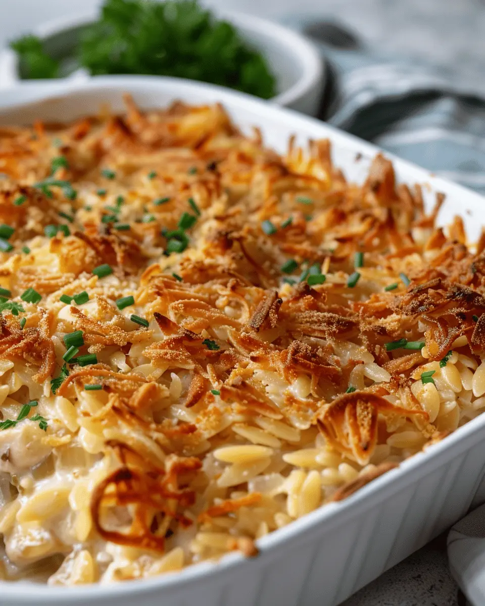 French Onion Chicken Orzo Casserole with Turkey Bacon Delight