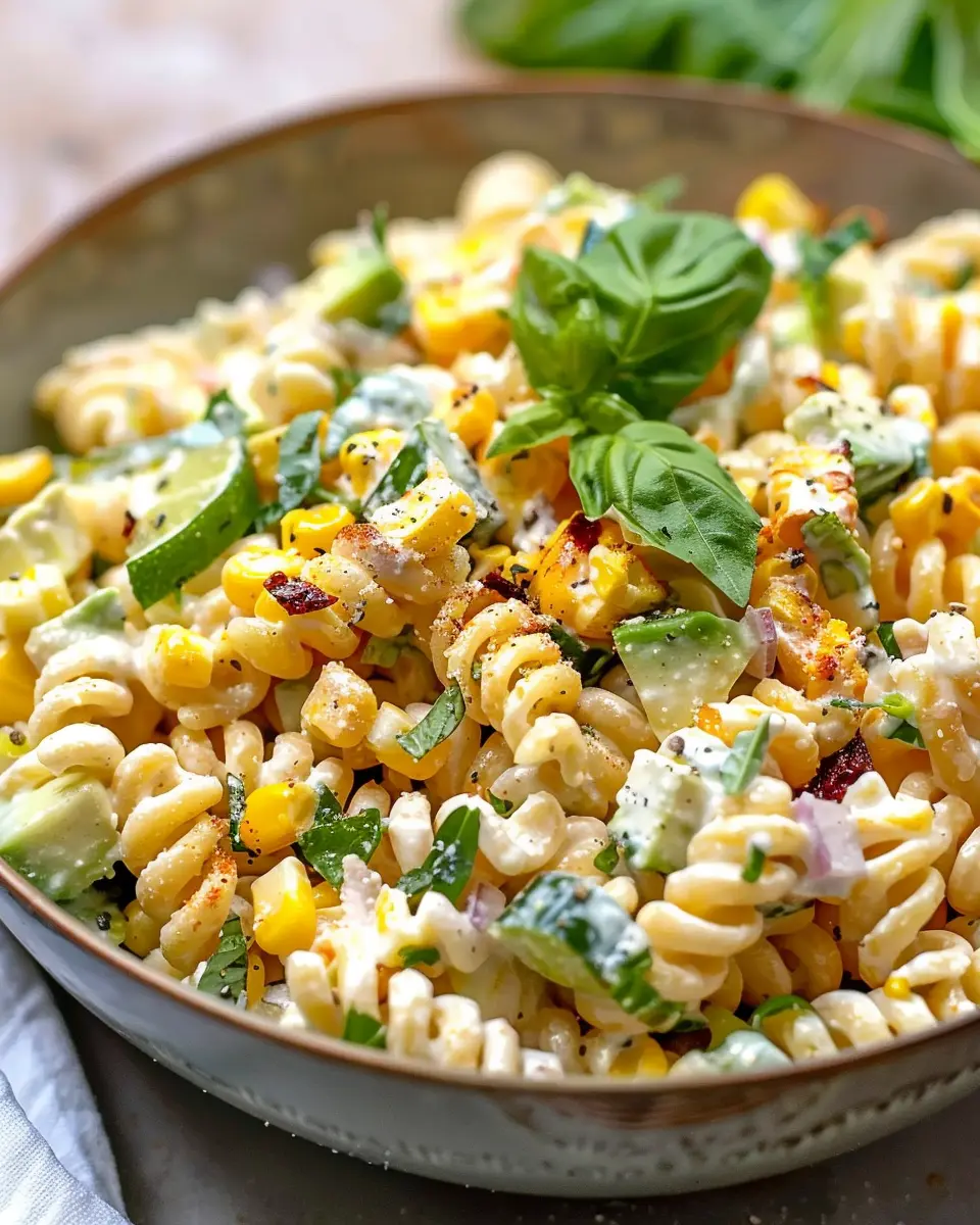 Creamy Street Corn Pasta Salad with Turkey Bacon and Chicken Ham